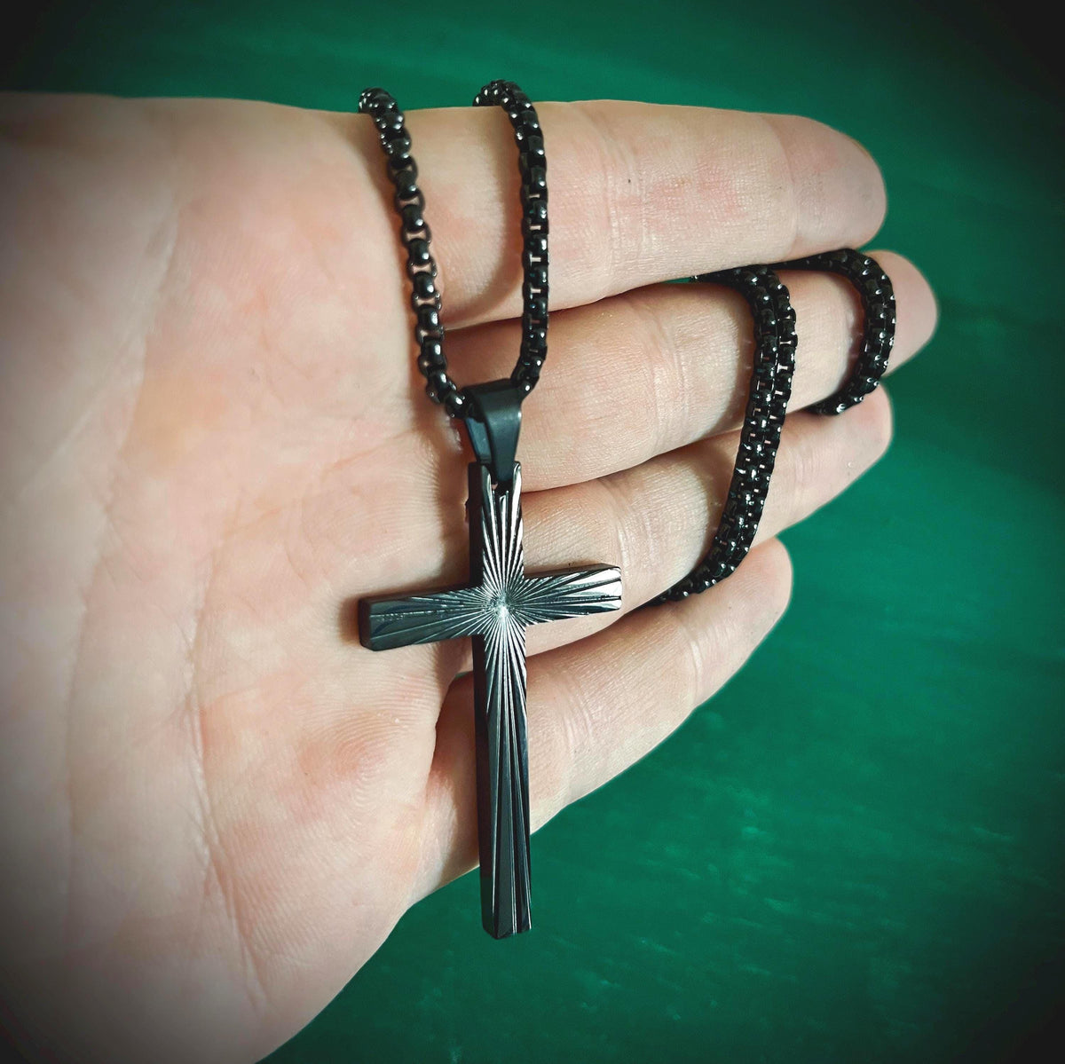 Black Stainless Steel Ornate Engraved Pattern Cross Pendant & Necklace - Boxy Style
