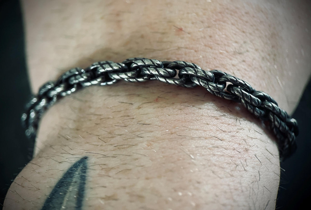 Oxidized Stainless Steel Rope Chain Bracelet: Chunky Blackened Silver, Mens Rustic Style