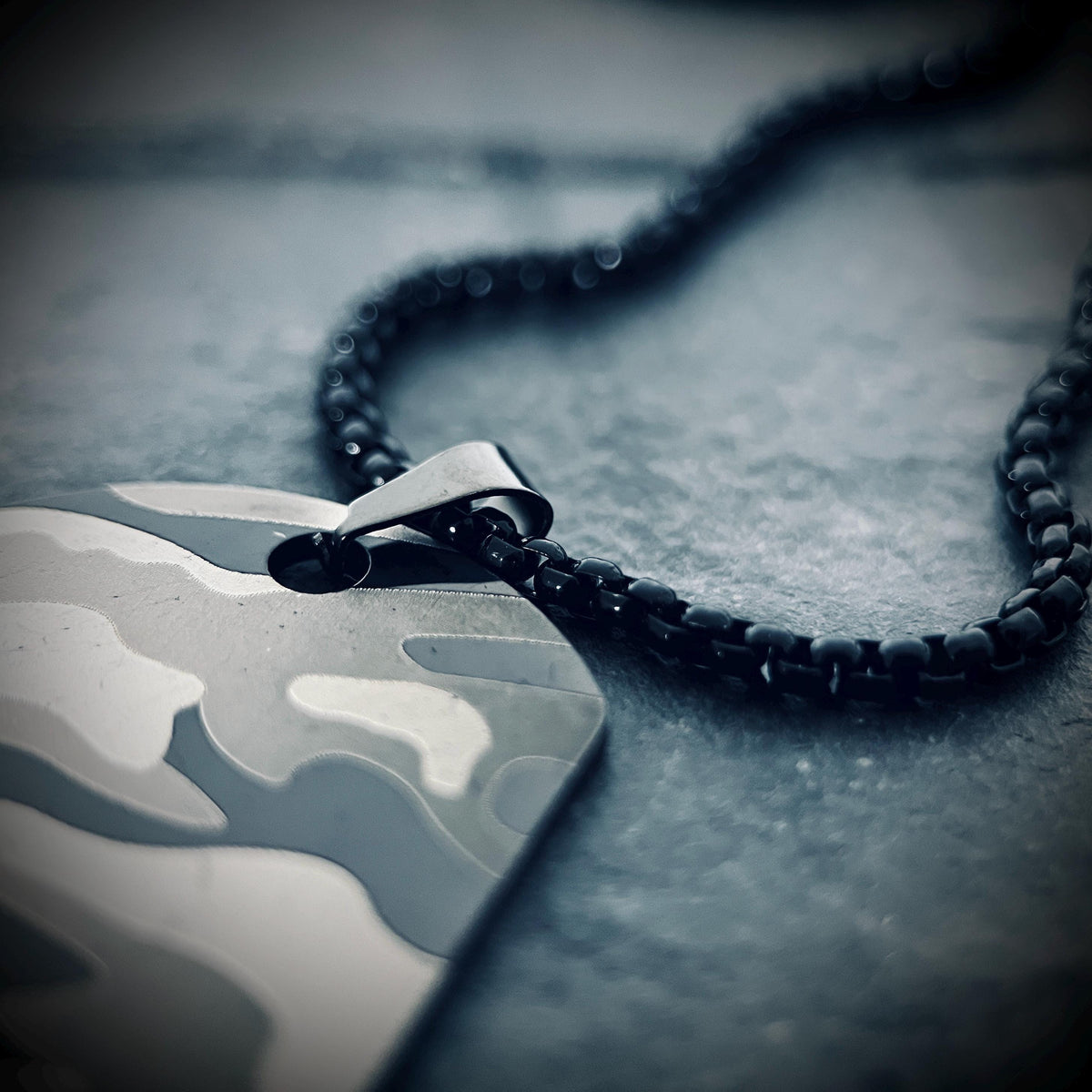Matte Snow White Camo Dog Tag Necklace: Stainless Steel Metal Pendant with 24" Chain