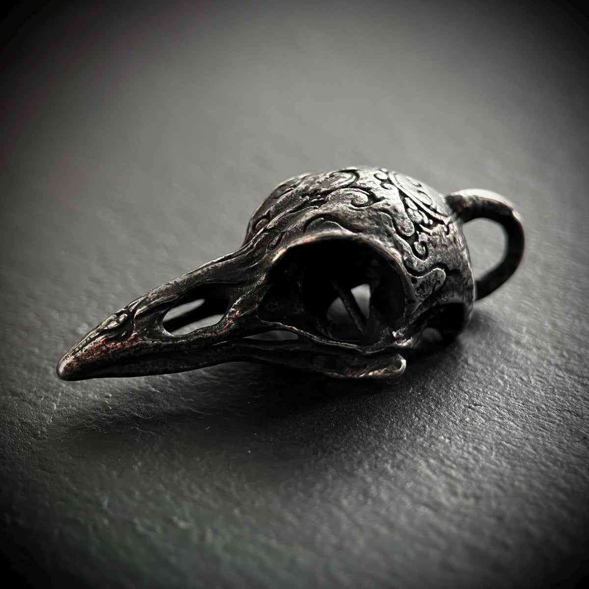 Oxidised Blackened Stainless Steel Crow Skull Amulet Ornate Pendant