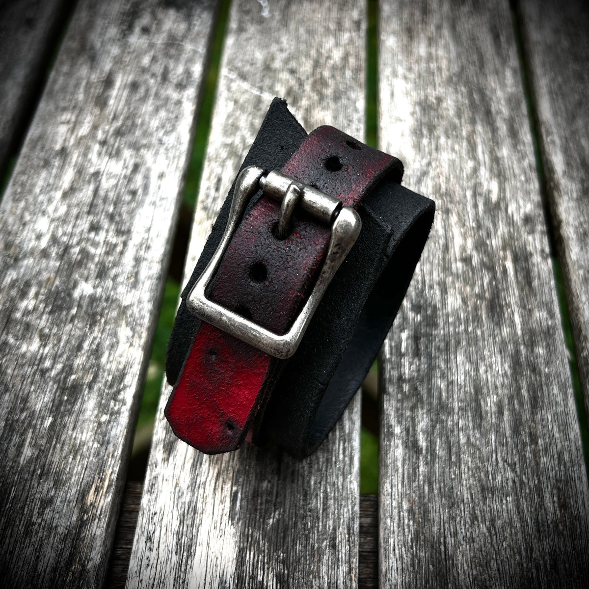 Artisan Handmade Red & Black Road Worn Out Distressed Relic Leather Wristband Wrap Cuff Bracelet Accessory with Oxidised Silver Buckle Strap