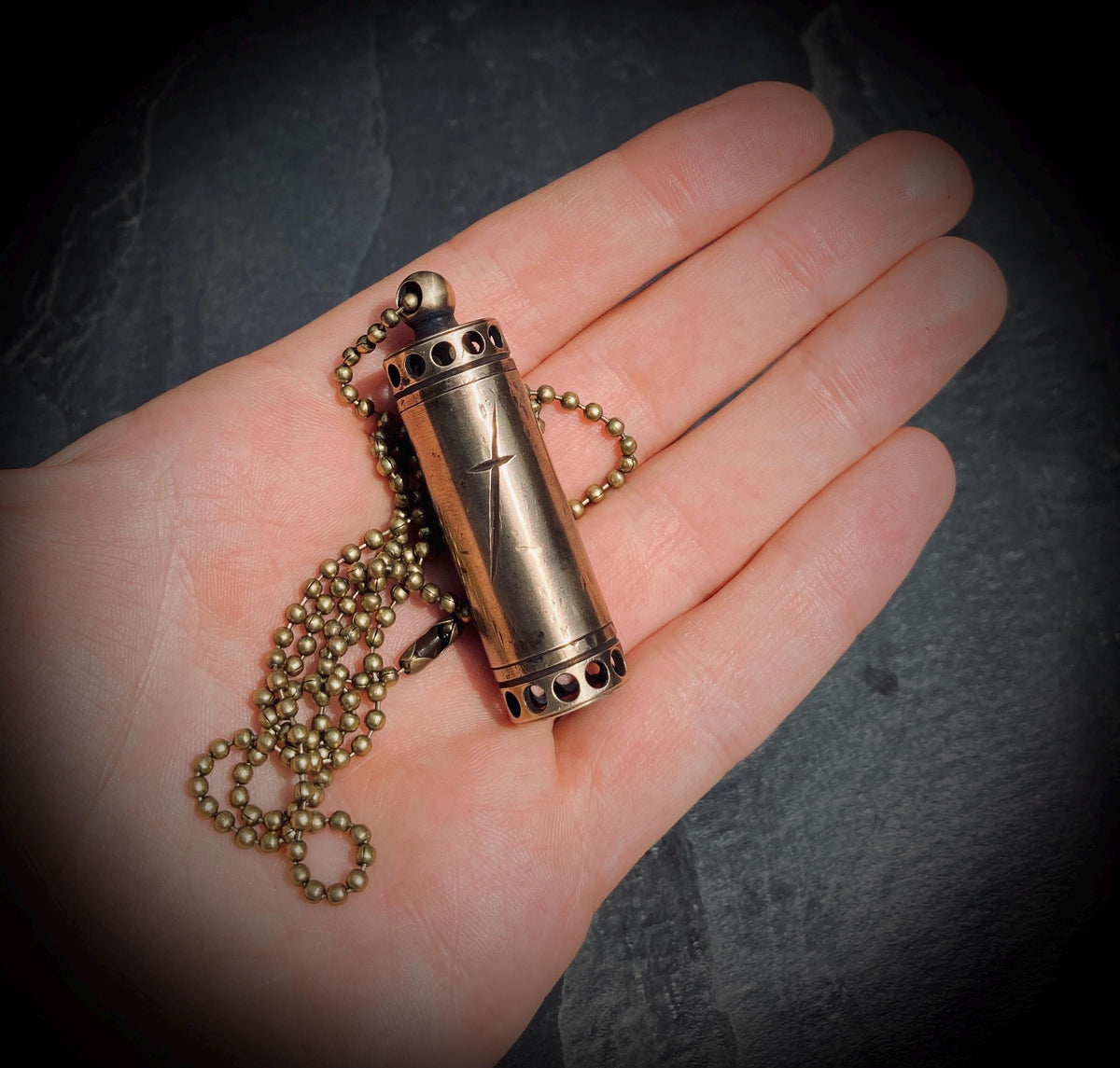 Aged Solid Brass Small Pill Vial Distressed Shotgun Shell Capsule Stash Urn Engraved Cross Pendant & Matching Ball Chain Necklace