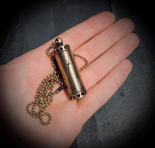 Aged Solid Brass Small Pill Vial Distressed Shotgun Shell Capsule Stash Urn Engraved Cross Pendant & Matching Ball Chain Necklace
