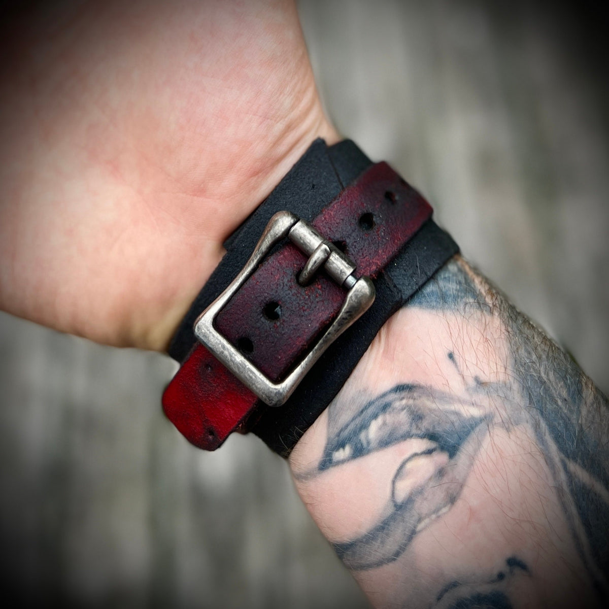 Artisan Handmade Red & Black Road Worn Out Distressed Relic Leather Wristband Wrap Cuff Bracelet Accessory with Oxidised Silver Buckle Strap