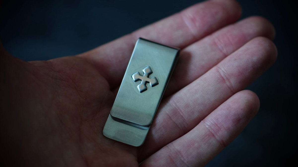 Rustic Silver Stainless Stainless Money Clip with Crucifix Cross Emblem