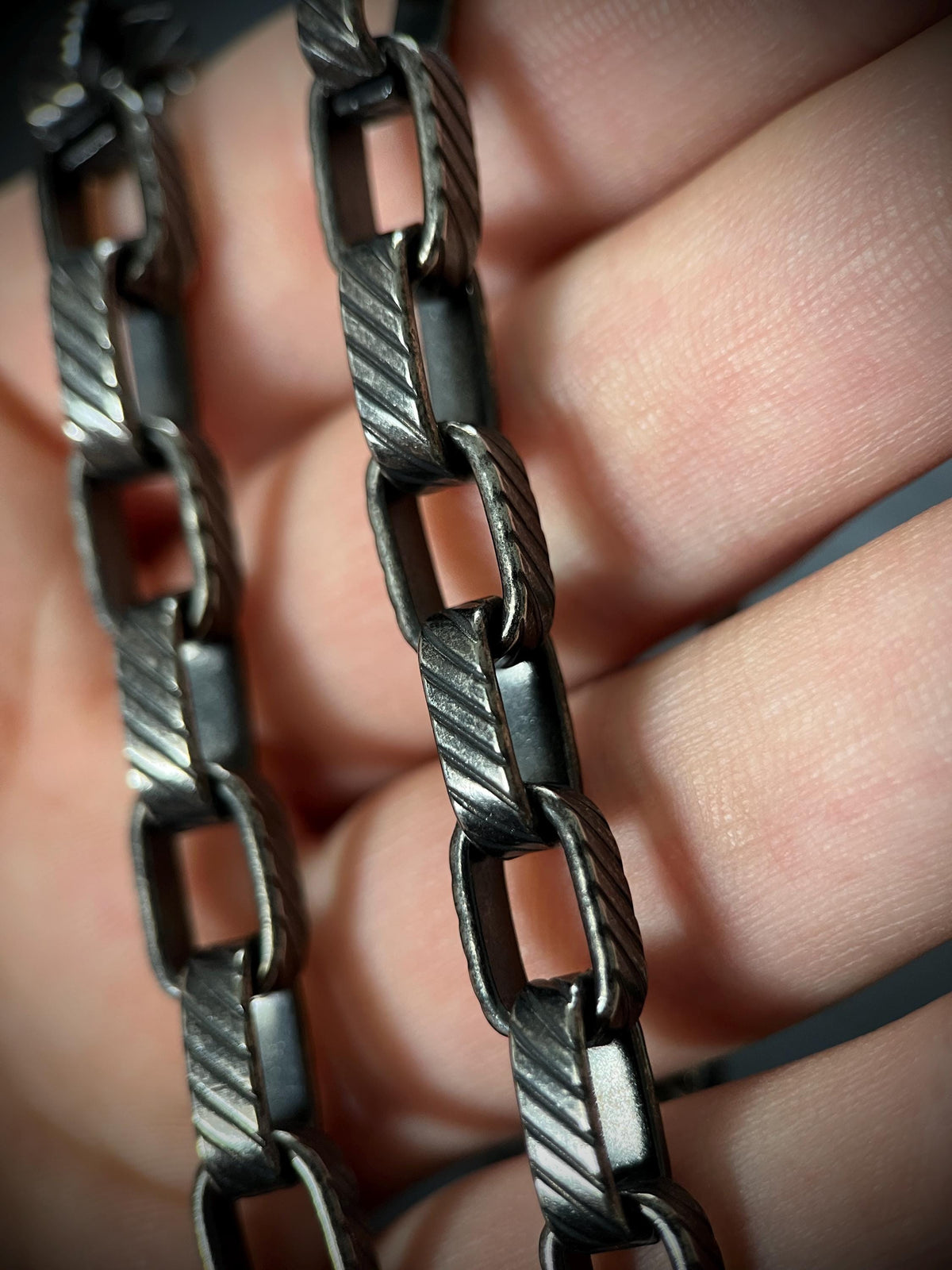 Rustic Etched Stainless Steel Matte Black & Silver Thick Chunky Heavy Box Chain Necklace