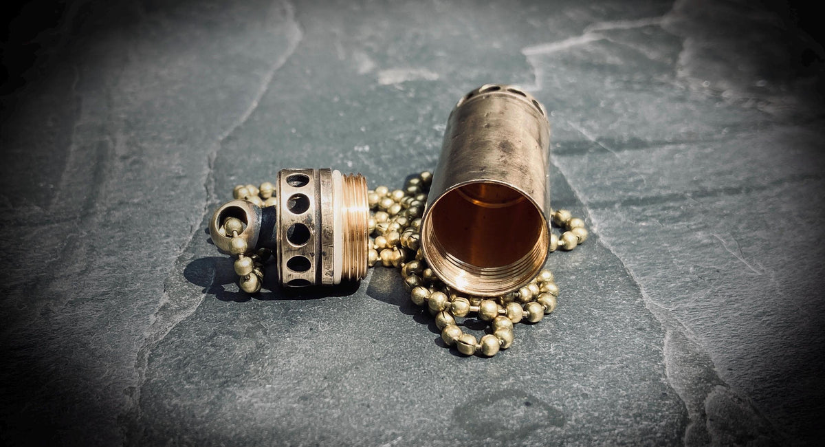 Aged Solid Brass Small Pill Vial Distressed Shotgun Shell Capsule Stash Urn Engraved Cross Pendant & Matching Ball Chain Necklace