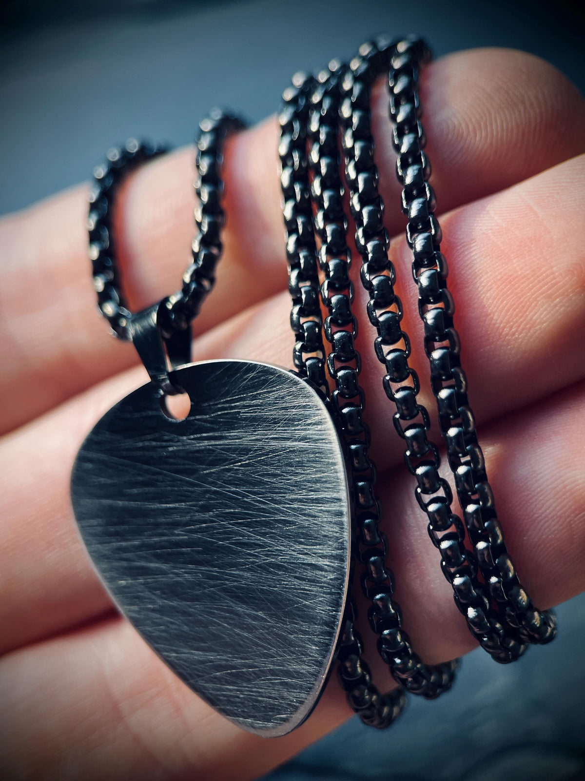 Minimalist Simple Brushed Stainless Steel Matte Black & Silver Guitar Pick Pendant with Matching Ball Chain Necklace / Guitarist / Musician