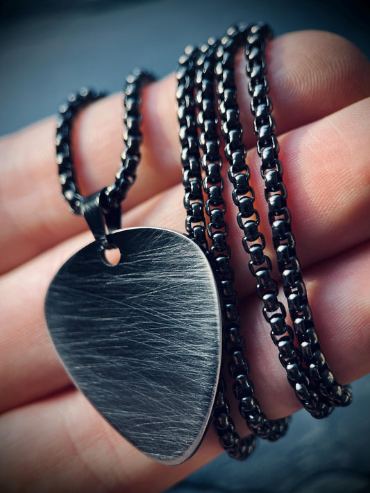 Minimalist Simple Brushed Stainless Steel Matte Black & Silver Guitar Pick Pendant with Matching Ball Chain Necklace / Guitarist / Musician