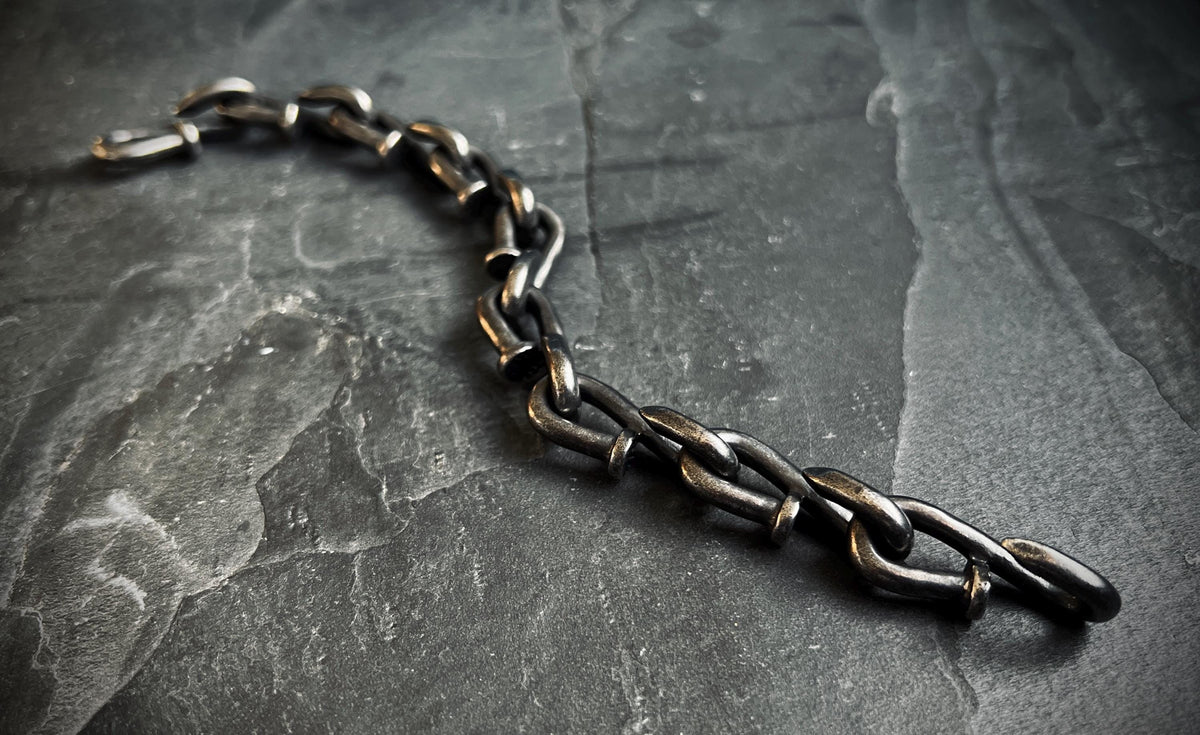 Rustic Oxidized Blackened Stainless Steel Nail Link Chunky Chain Bracelet