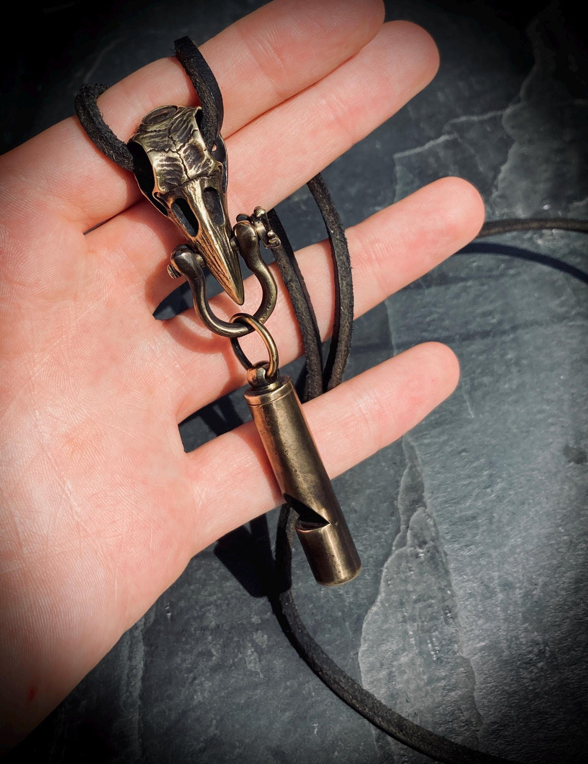 Handmade Brass Crow Skull Pendant with Whistle Attachment & Black Leather Cord Necklace