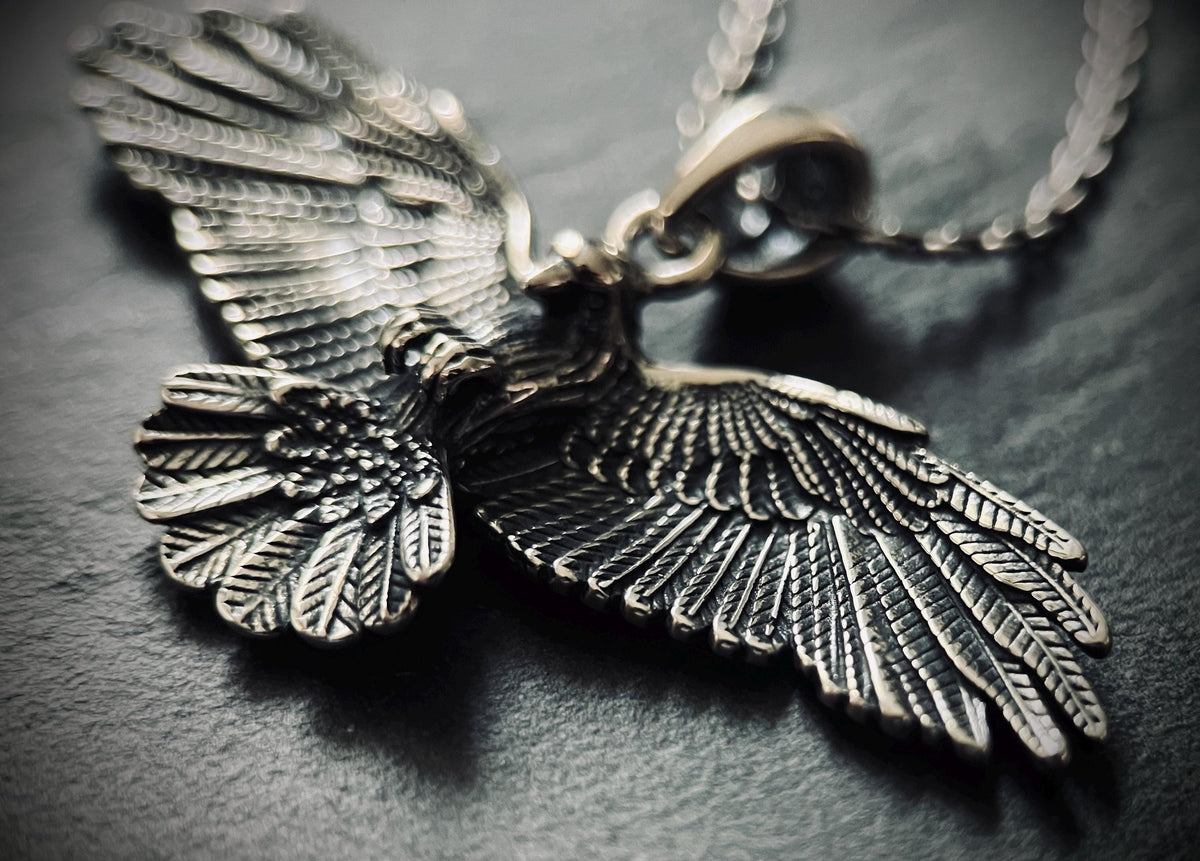 Oxidised Rustic Blackened 925 Solid Sterling Silver Crow Bird Pendant & Cable Chain Necklace