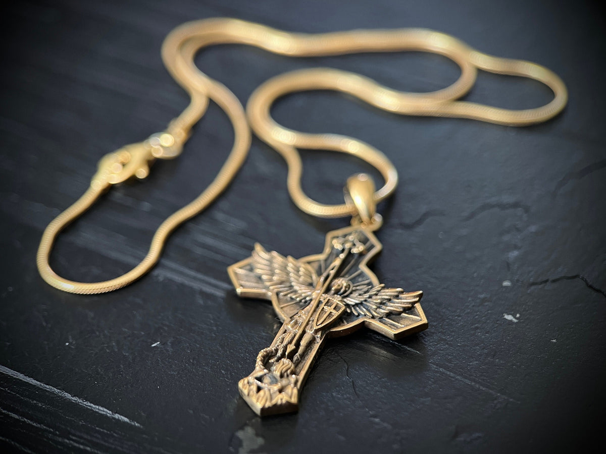 Archangel - 24ct Gold Handmade Saint Michael "Protect Us" Pendant & Matching Snake chain Necklace with Presentation Gift Box
