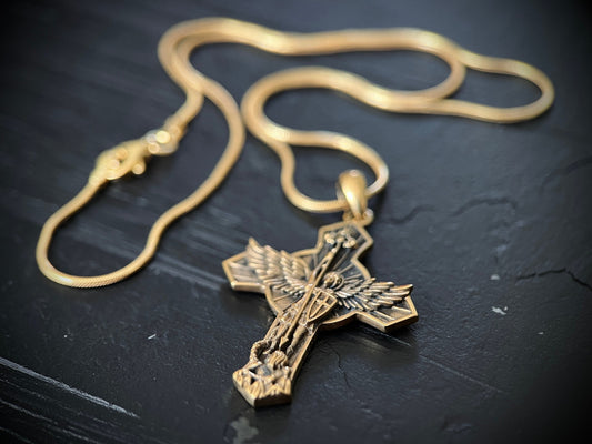 Archangel - 24ct Gold Handmade Saint Michael "Protect Us" Pendant & Matching Snake chain Necklace with Presentation Gift Box