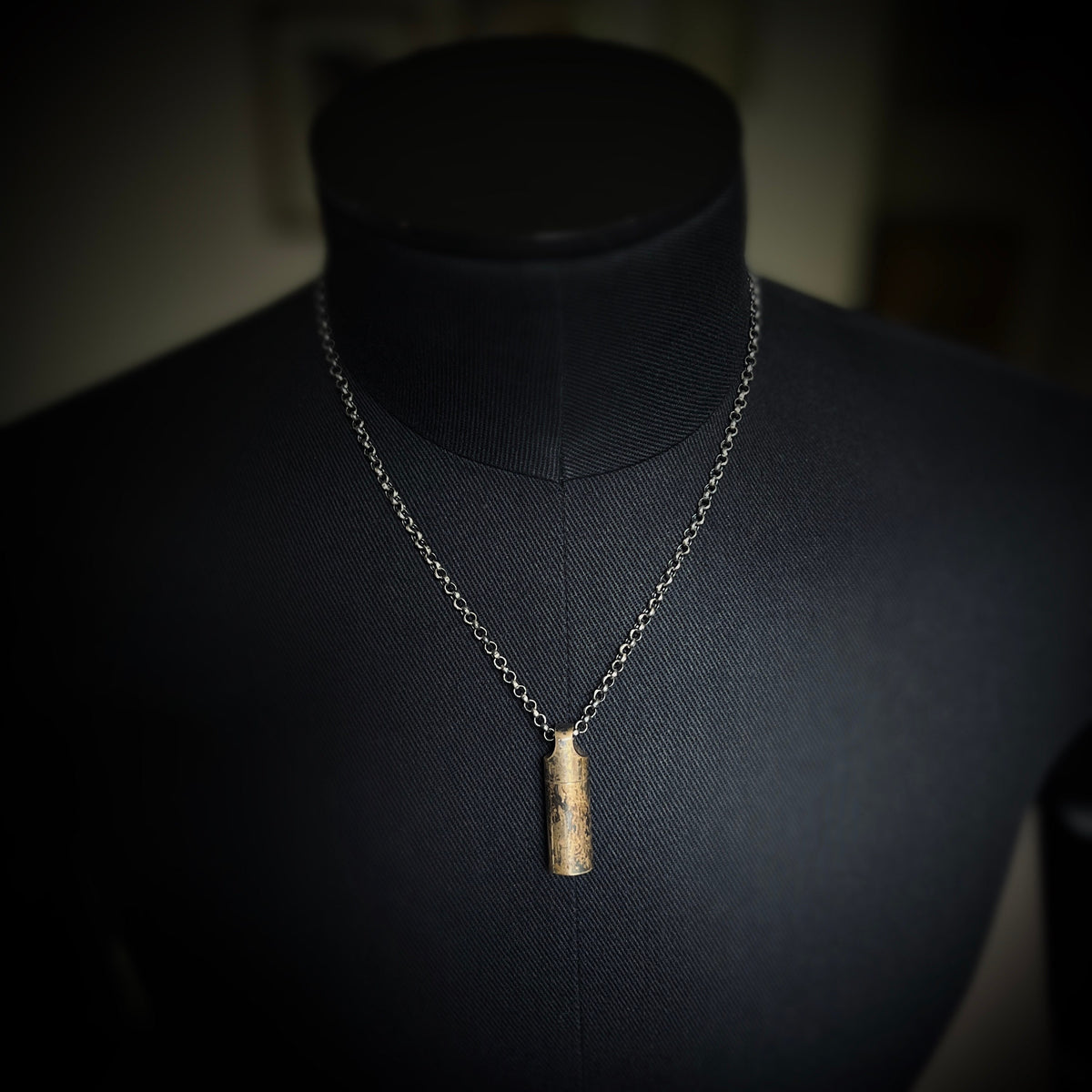 Distressed Brass Mini Shotgun Shell Stash Capsule Pendant & Sterling Silver Chain