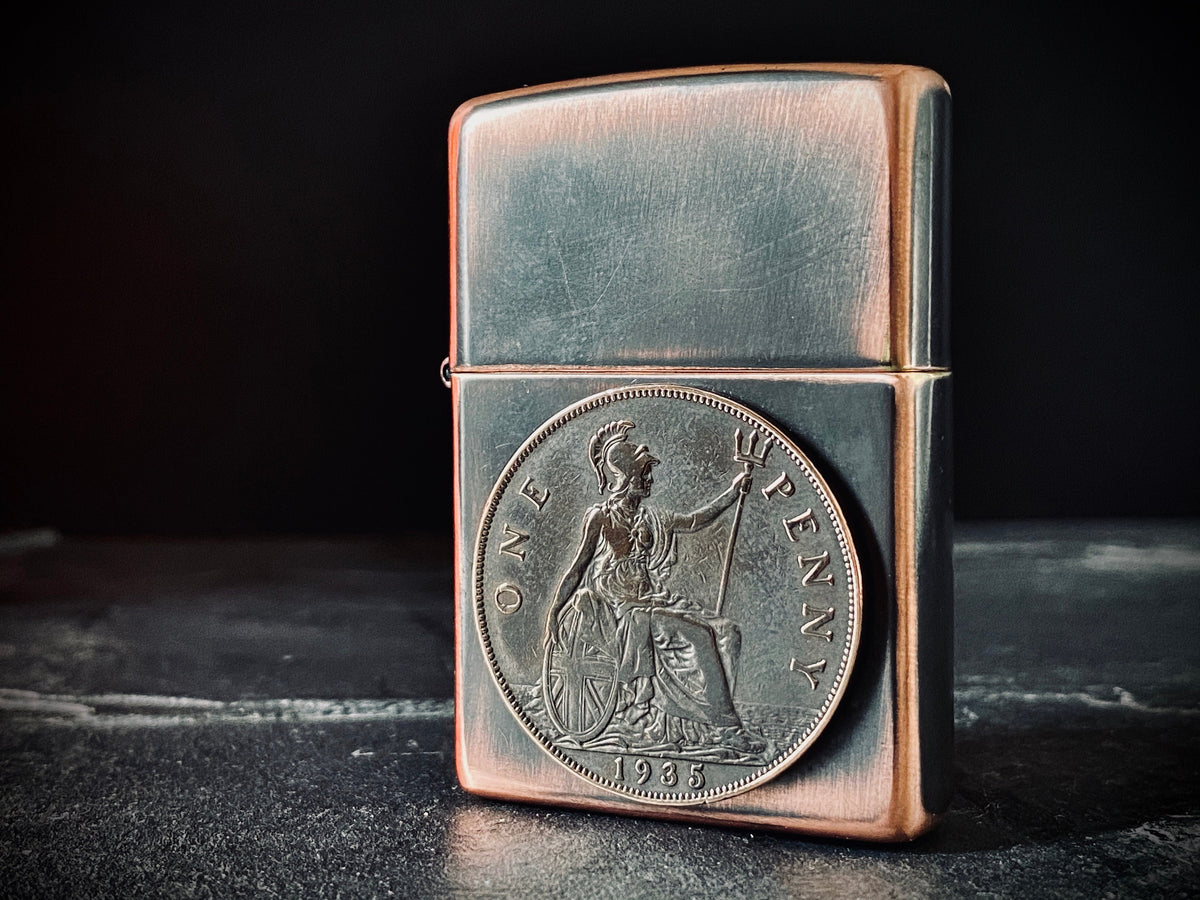 Custom Oxidised Antique Vintage Style Distressed Copper & Bronze Doubled Sided One Penny Zippo Lighter / EDC / Coin