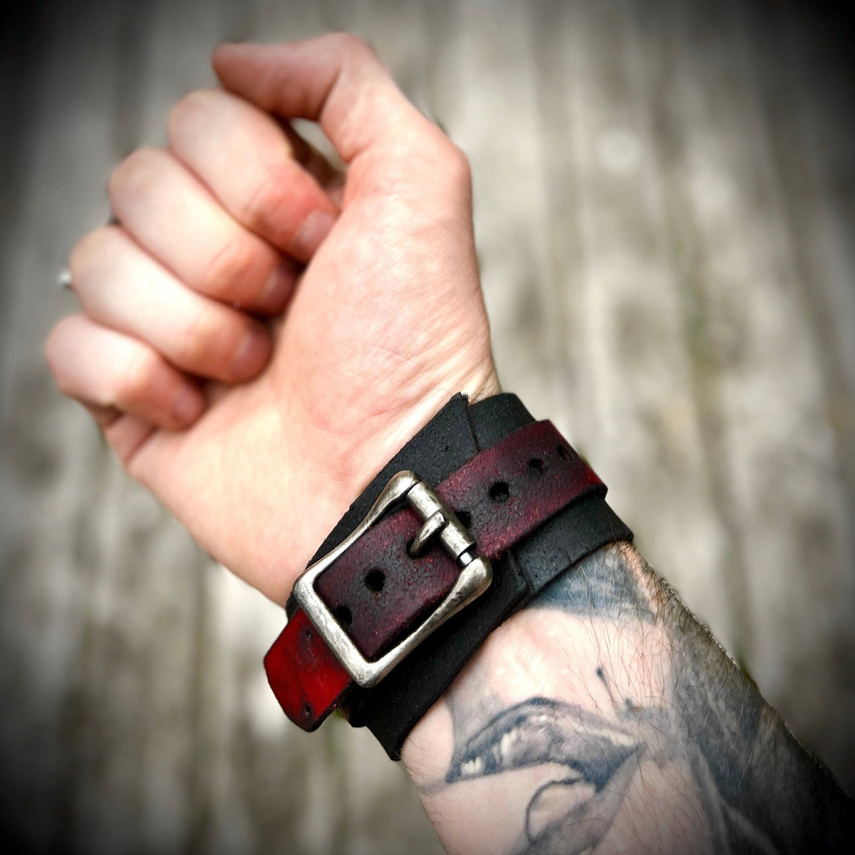 Artisan Handmade Red & Black Road Worn Out Distressed Relic Leather Wristband Wrap Cuff Bracelet Accessory with Oxidised Silver Buckle Strap