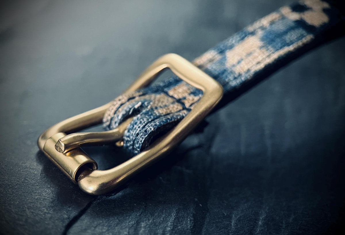 Distressed Black Leather & Denim Wrap Bracelet: Solid Brass Buckle