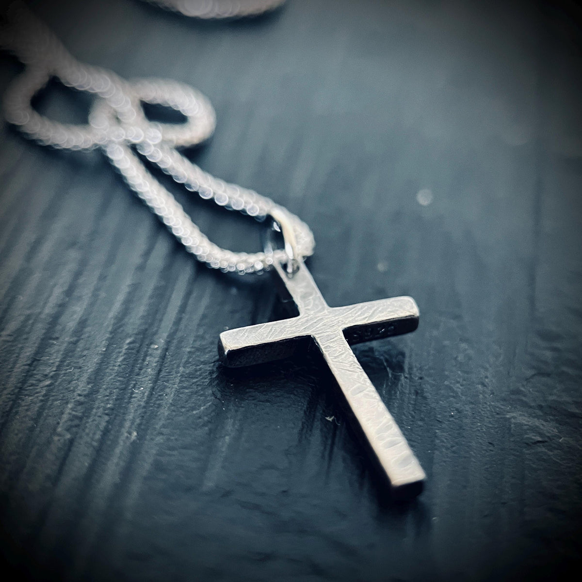 Small Rustic Dainty Minimalist Solid Sterling Silver 925 Cross Crucifix Pendant & Popcorn Chain Necklace