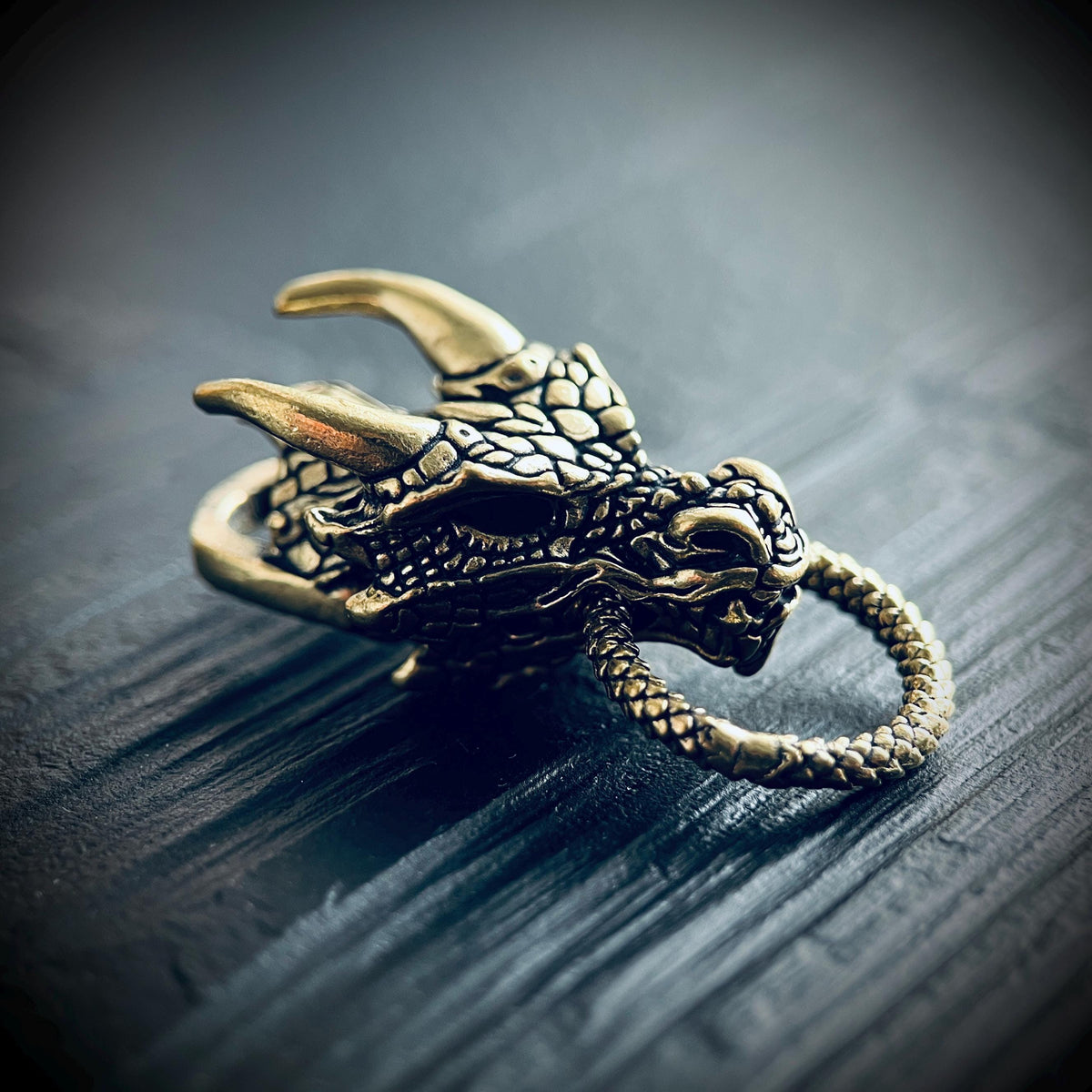 Oxidised Brass Dragon Head Charm Amulet Pendant – Rustic Black & Gold Finish