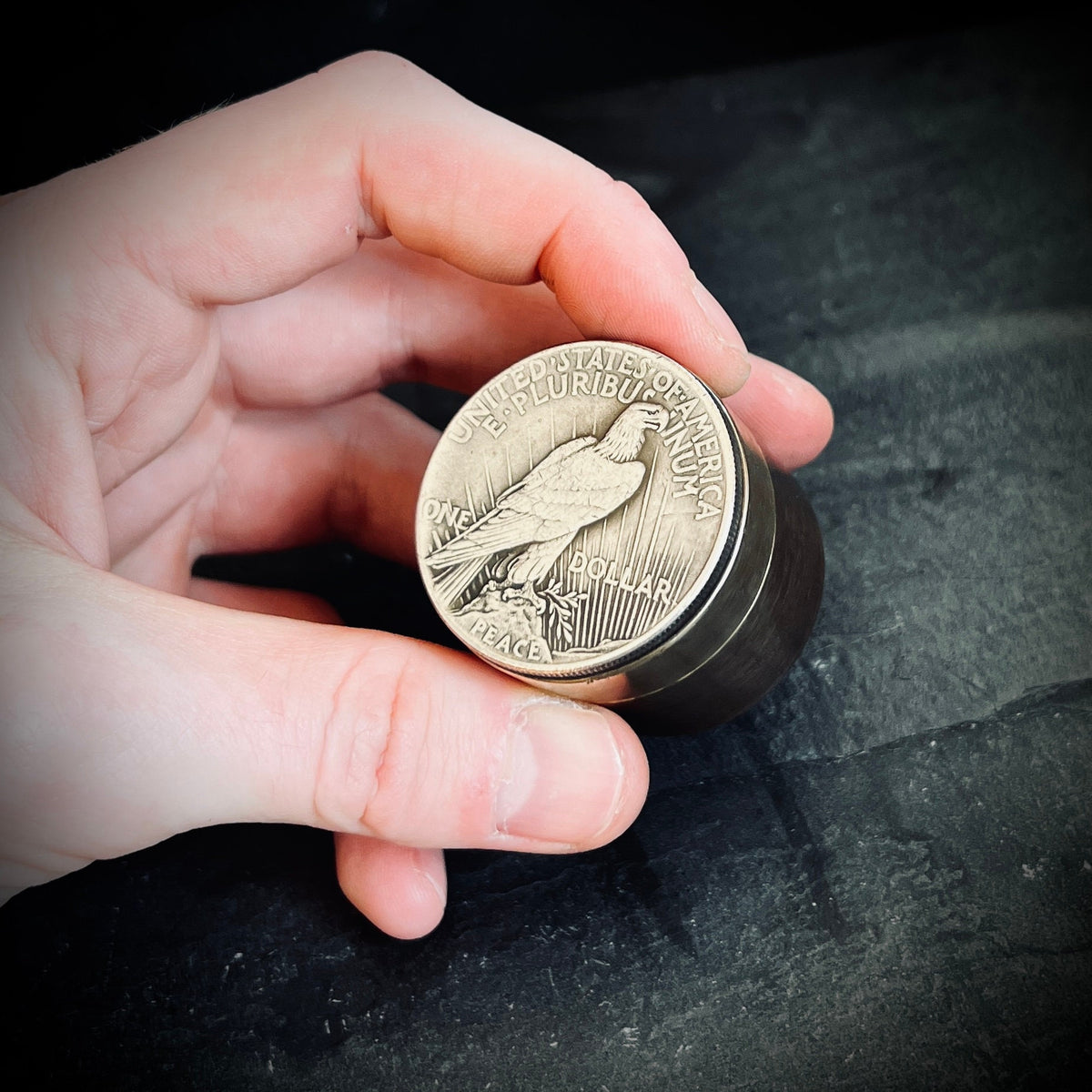 Handmade Silver Peace Dollar Bald Eagle Hobo Coin Vintage Brass Pill Bottle Stash Capsule Container / Survival EDC / Medicine / Snuff Box
