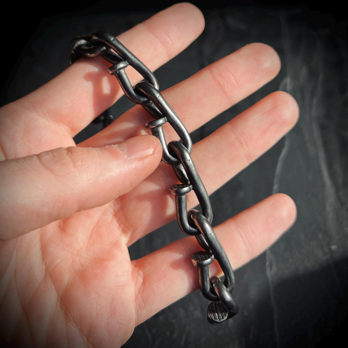 Rustic Oxidized Blackened Stainless Steel Nail Link Chunky Chain Bracelet