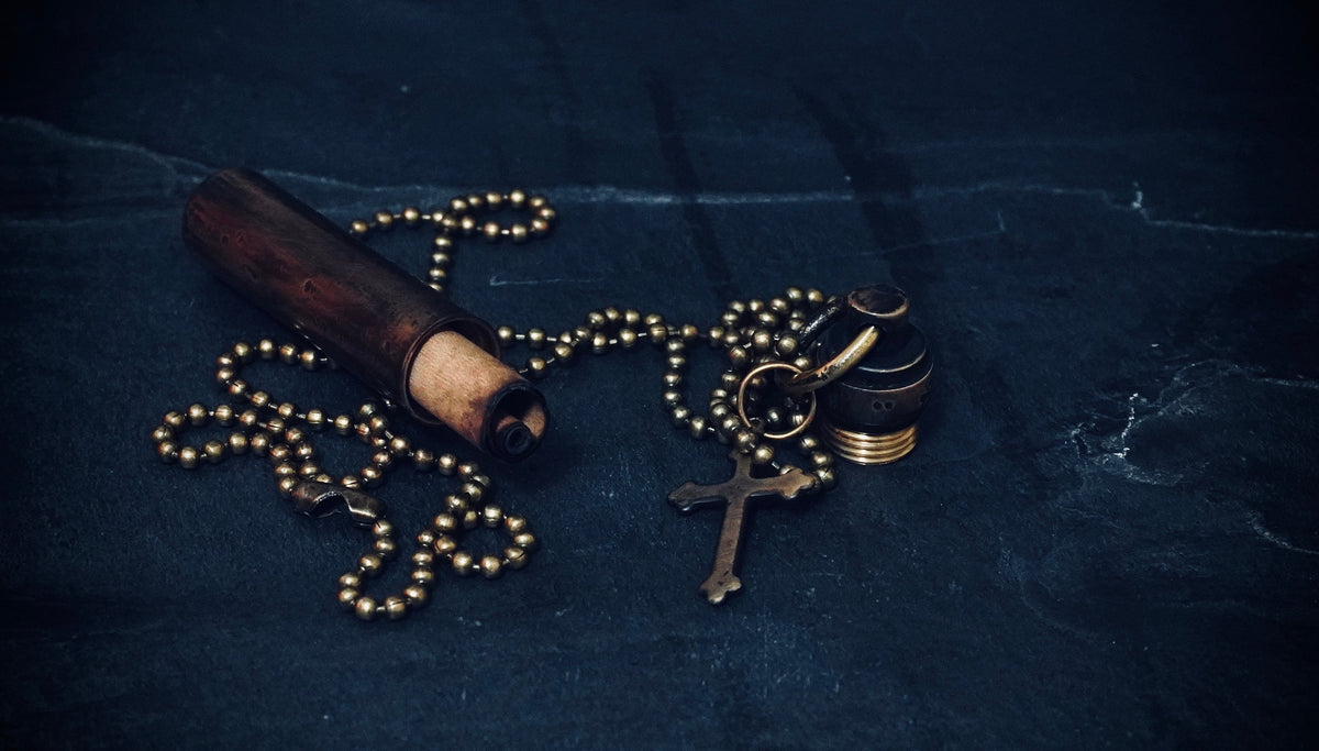 Brass Capsule Pendant: Distressed Vial Necklace with Cross Charm