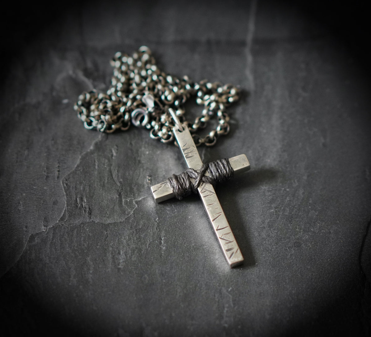 Distressed Solid Sterling Silver 925 Rustic Oxidised Cross Crucifix Pendant with Matching 22" inch Necklace Chain