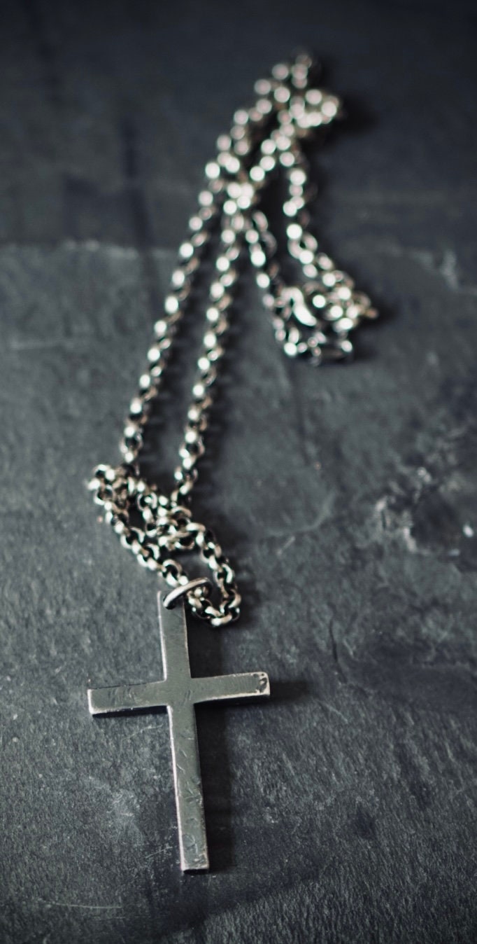 Rustic Oxidised Distressed 925 Sterling Silver Cross Pendant & 24" Rolo Chain Necklace