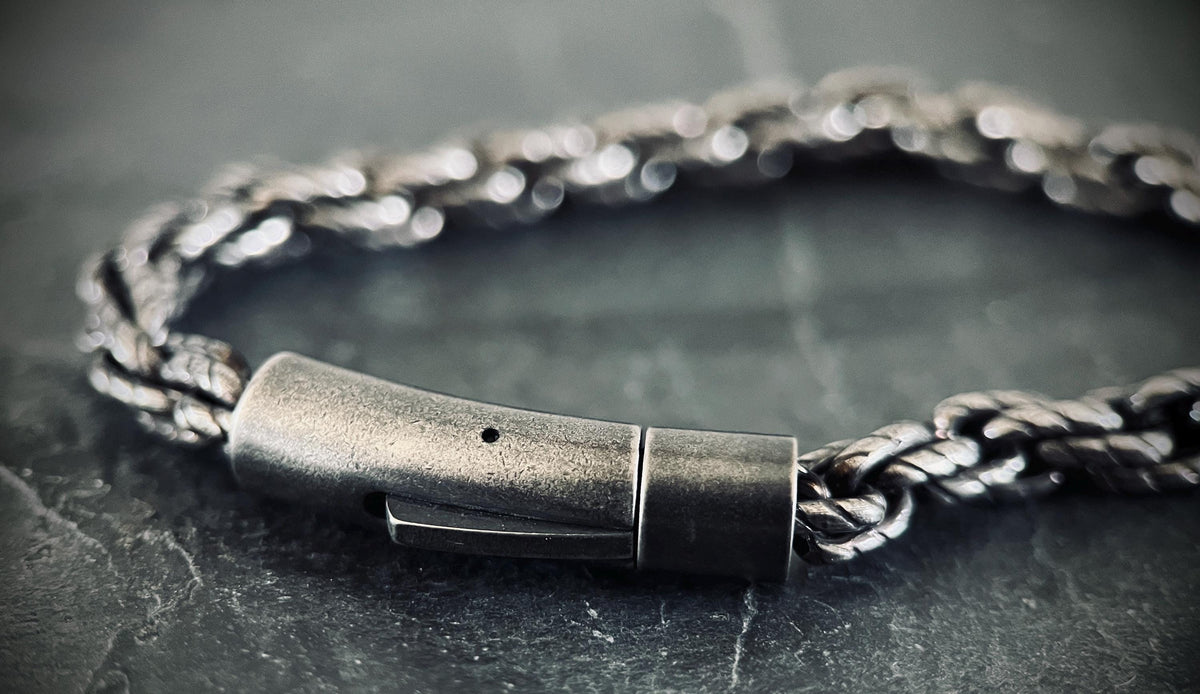 Oxidized Stainless Steel Rope Chain Bracelet: Chunky Blackened Silver, Mens Rustic Style