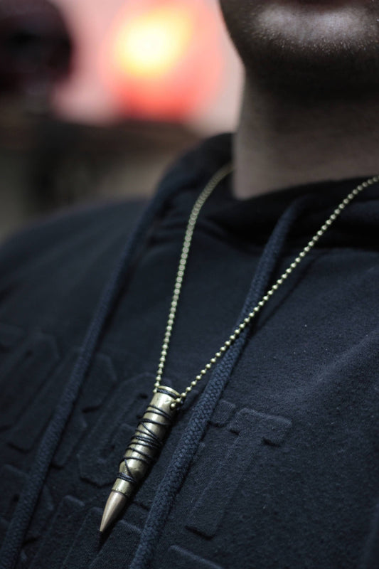 Mens Battle Damaged & Distressed 7.62 Deactivated Brushed Brass Rifle Bullet Pendant with Matching Ball Chain Necklace / Accessory / Rustic