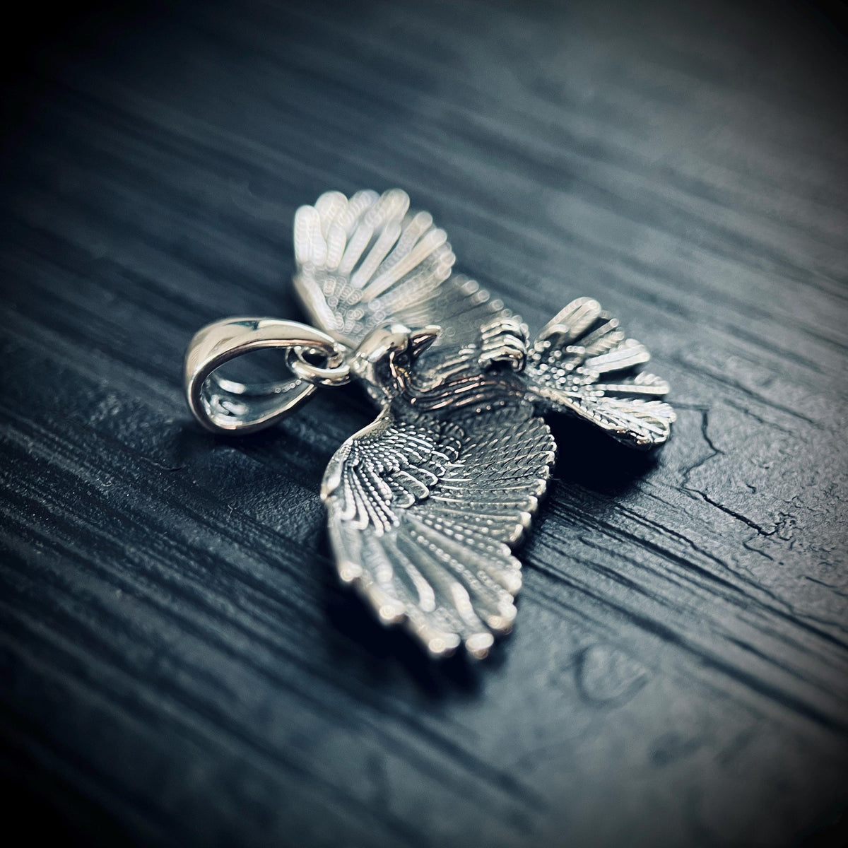 Oxidised Rustic Blackened 925 Solid Sterling Silver Winged Crow Bird Pendant