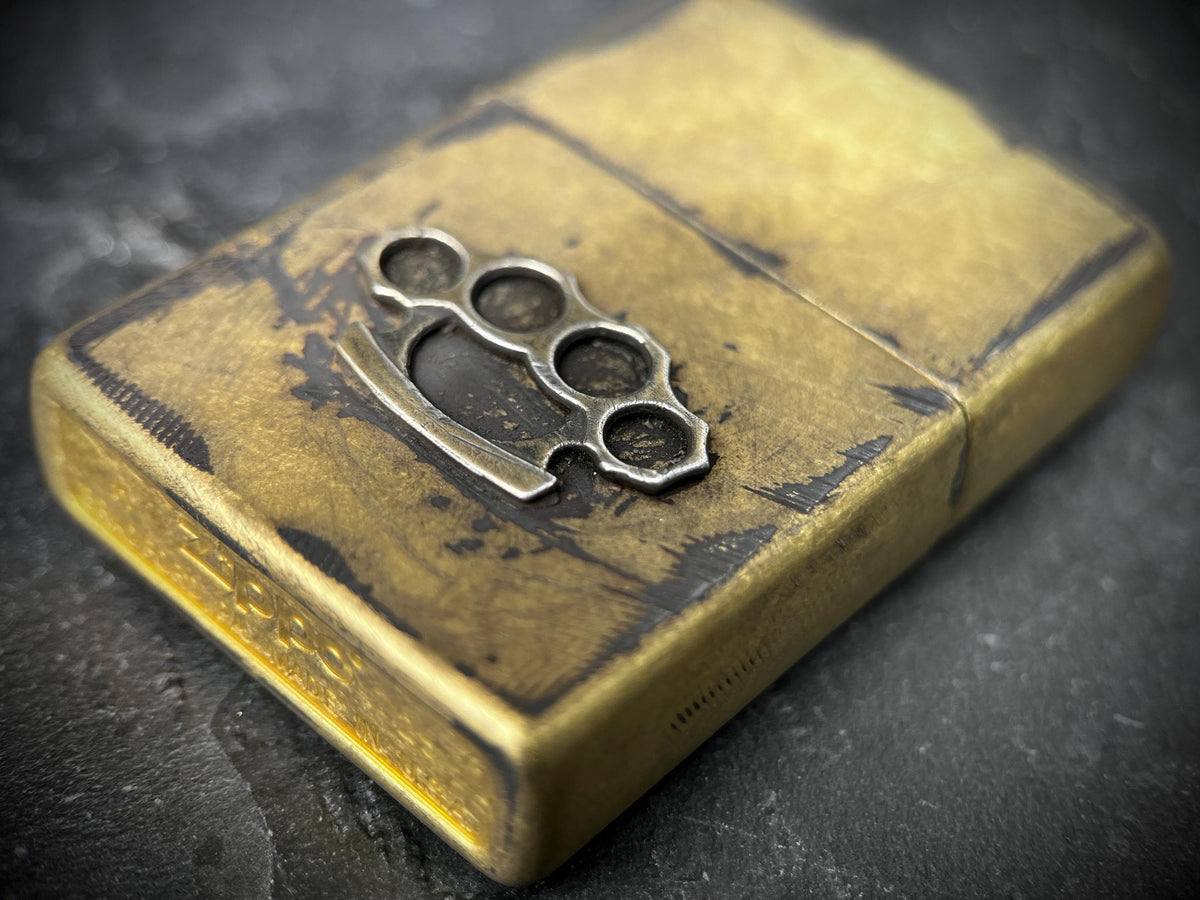 Customised Heavily Distressed & Oxidised Vintage Patina Style Solid Street Brass Zippo Lighter with Emblem / EDC / Custom