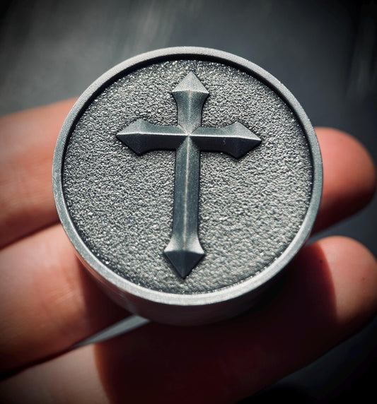 Ornate Distressed Stainless Steel Pill Bottle Stash Capsule Container with Silver Cross Crucifix / Survival EDC / Medication / Snuff Box