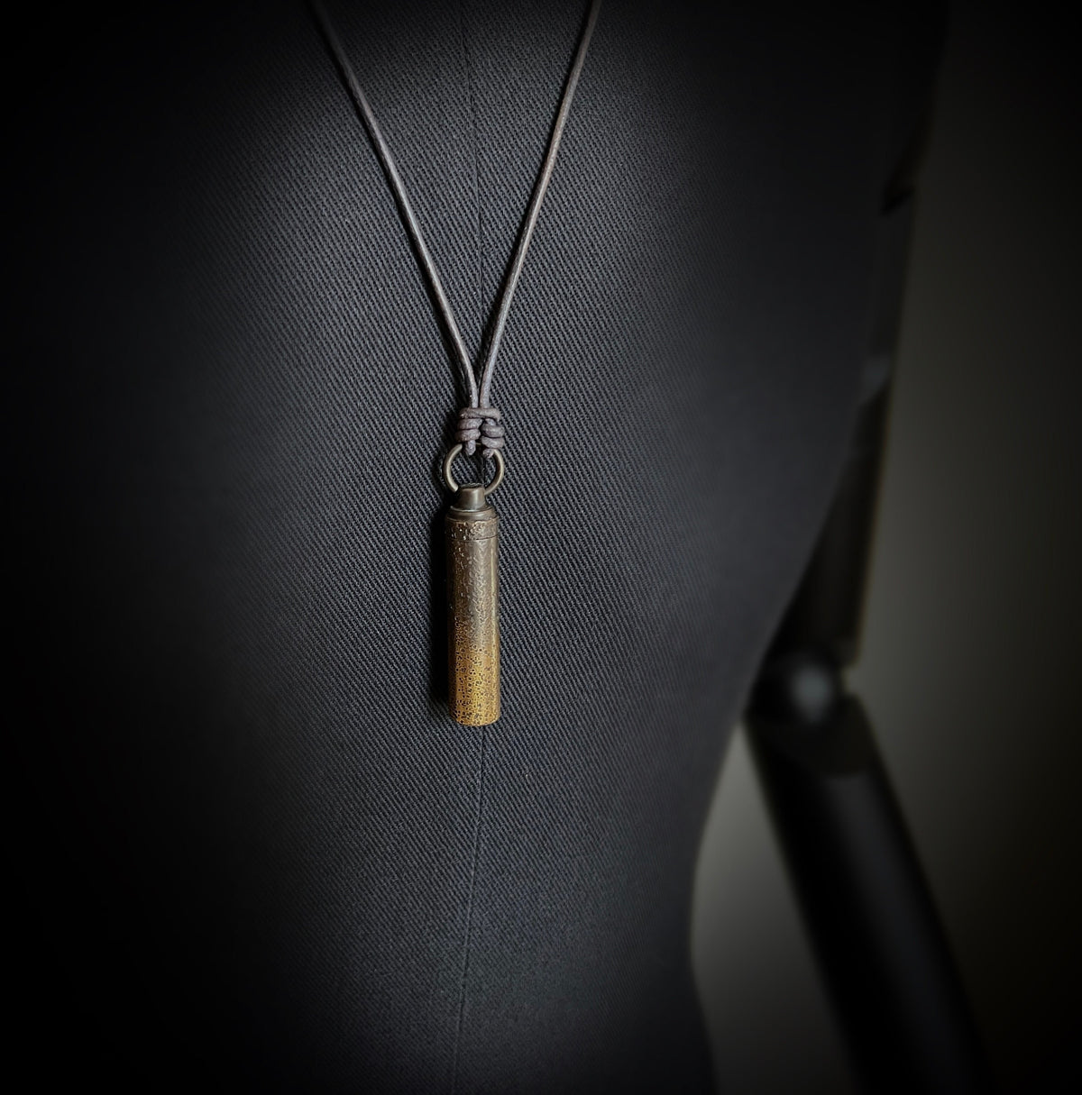 Heavily Distressed 2-Tone Contrast Patina Brass Secret Stash Vial Capsule Pendant & Leather Cord Necklace / Bullet / Rustic / Rocker / Boho