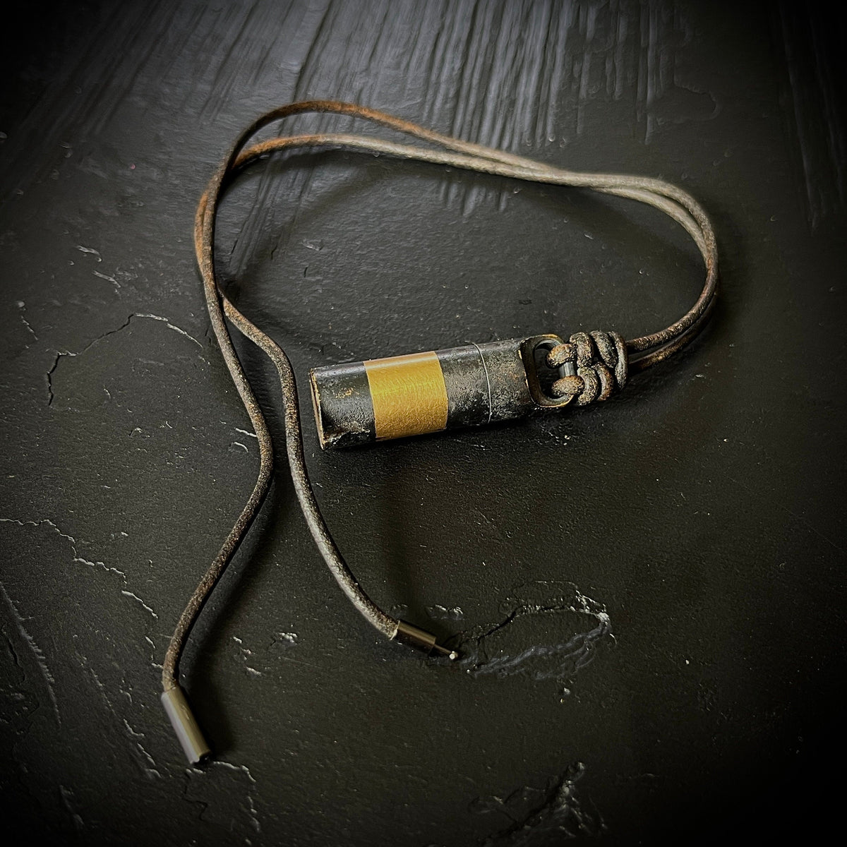 Rustic Brass 2-Tone Black & Gold Contrast Small Pill Vial Distressed Capsule Stash Urn Pendant with Leather Cord Necklace / EDC
