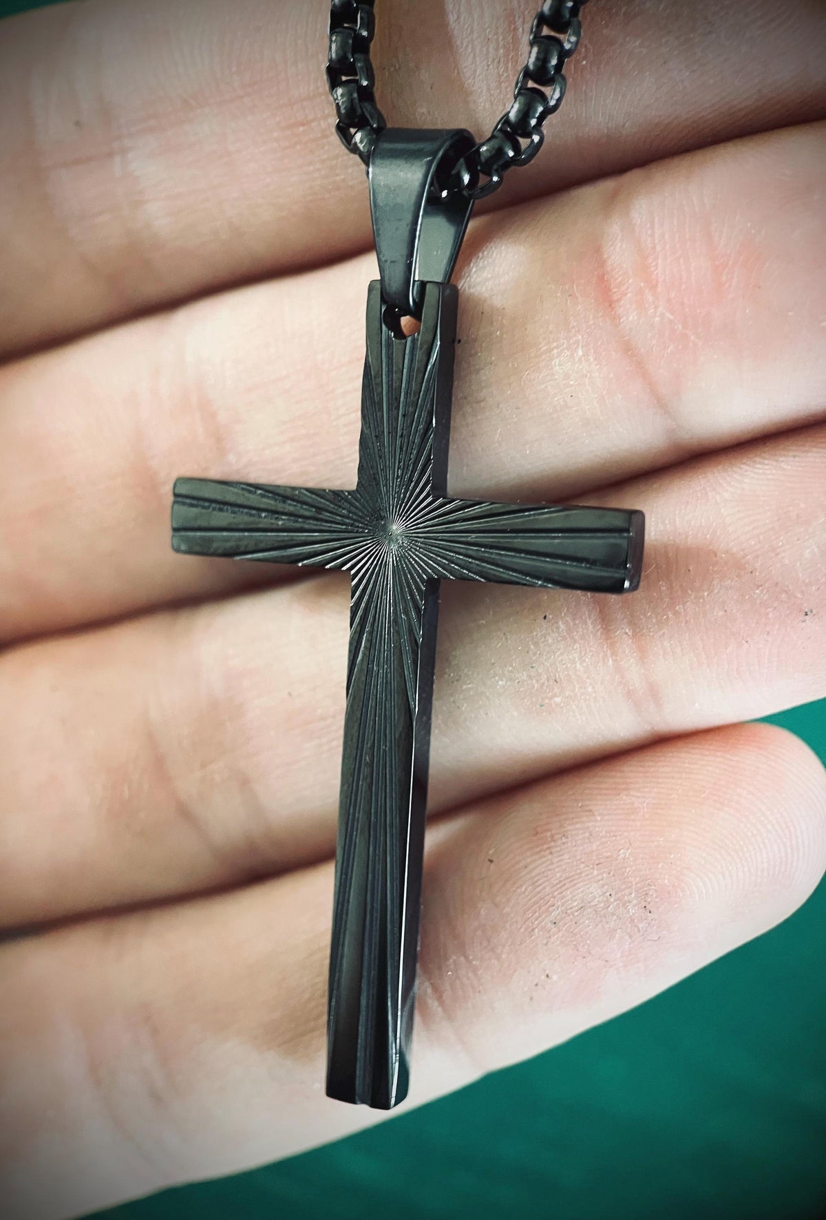 Black Stainless Steel Ornate Engraved Pattern Cross Pendant & Necklace - Boxy Style