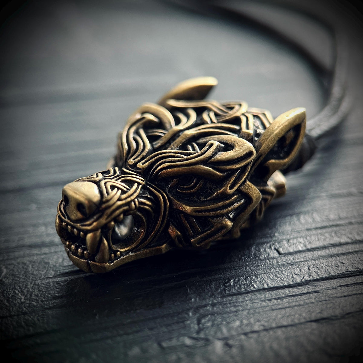 Rustic Brass Celtic Wolf Pendant & Black Distressed Leather Cord Necklace