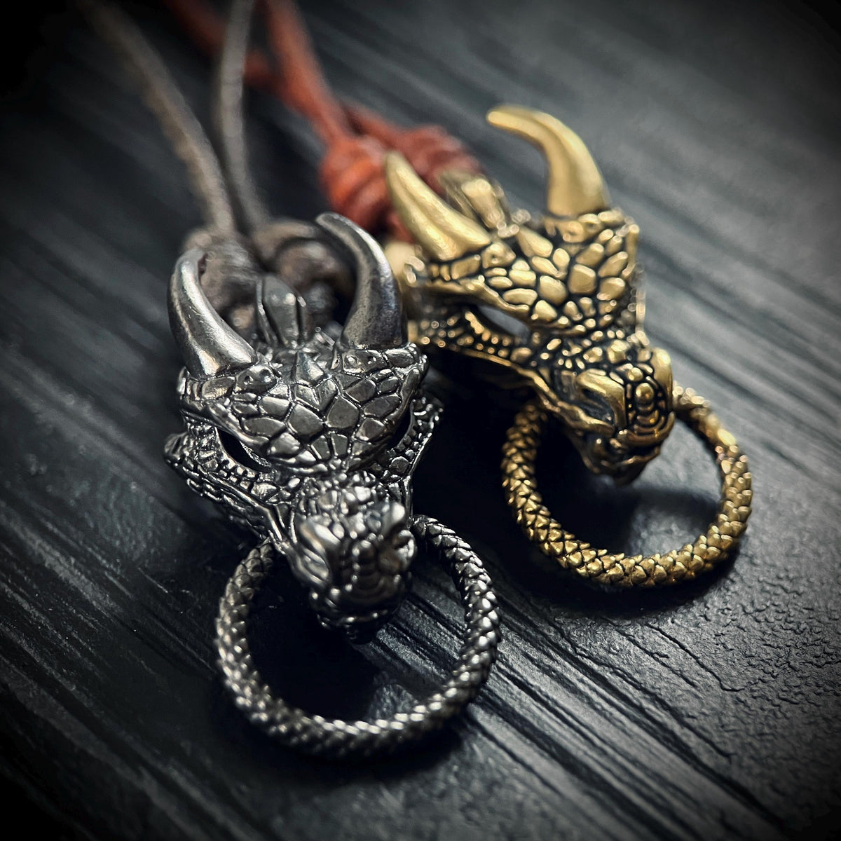 Oxidised Rustic Black & Gold Dragon Head Charm Amulet Pendant with Leather Cord Necklace
