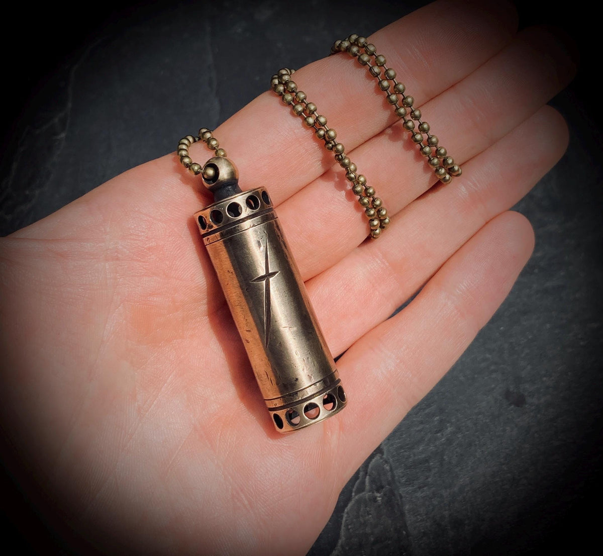 Aged Solid Brass Small Pill Vial Distressed Shotgun Shell Capsule Stash Urn Engraved Cross Pendant & Matching Ball Chain Necklace