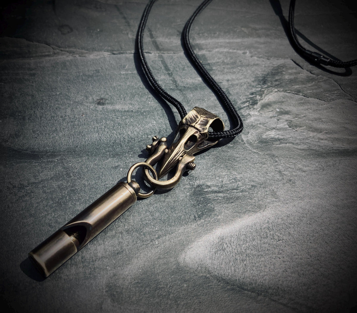 Handmade Brass Crow Skull Pendant with Whistle Attachment & Black Leather Cord Necklace