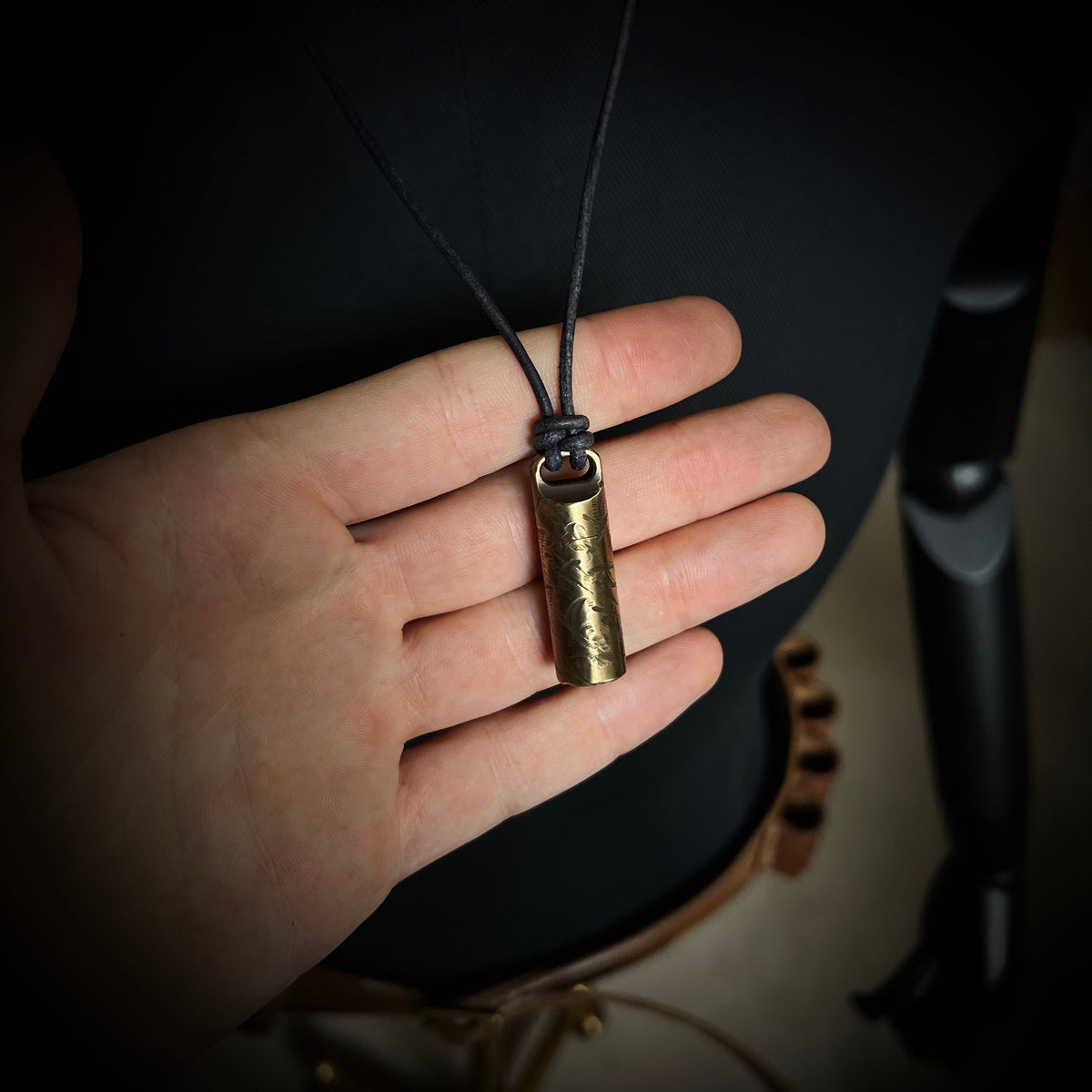 Solid Brass Small Pill Vial Cracked Effect Heavily Distressed Shotgun Shell Capsule Stash Urn Pendant with Leather Cord Necklace / EDC