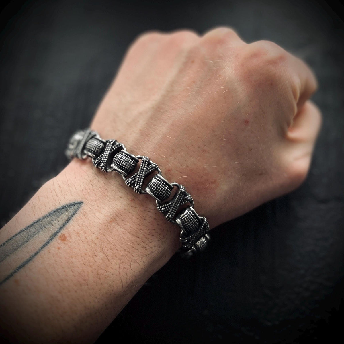 Oxidized Stainless Steel X-Link Bracelet: Chunky Rustic Mens Jewelry