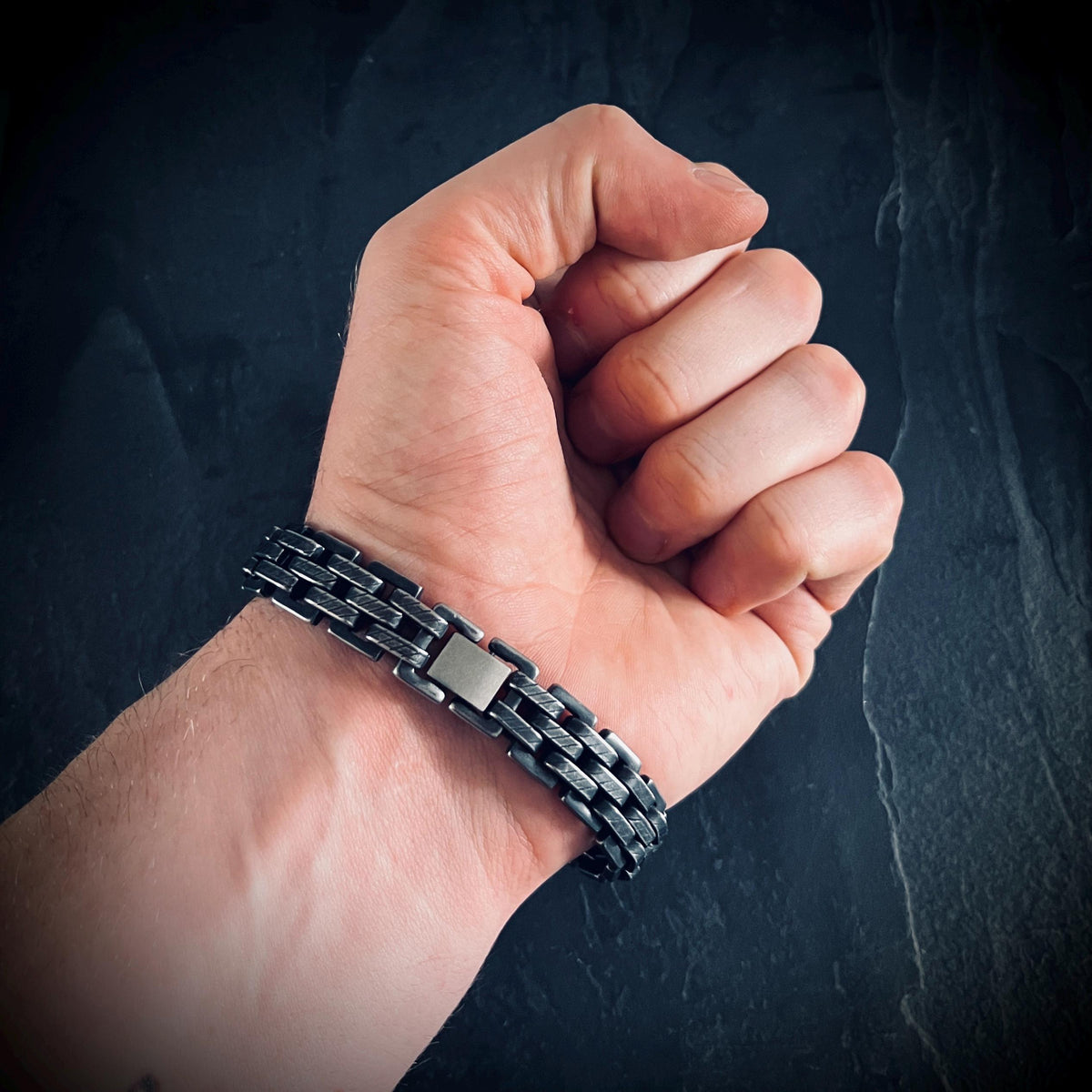 Brutalist Oxidised Stainless Steel Wide Thick Boxy Chunky Heavy Link Chain Bracelet - Mens