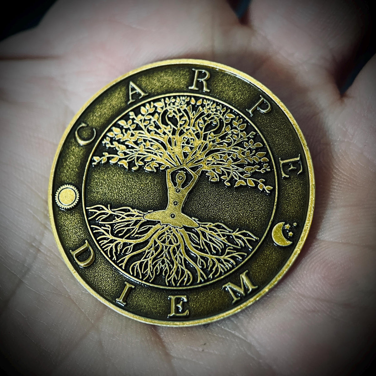Lucky Ornate Carpe Diem Memento Mori Double Sided Tree of Life Coin | Accessory | Anxiety Relief | Fidget | Everyday Carry | Spirituality