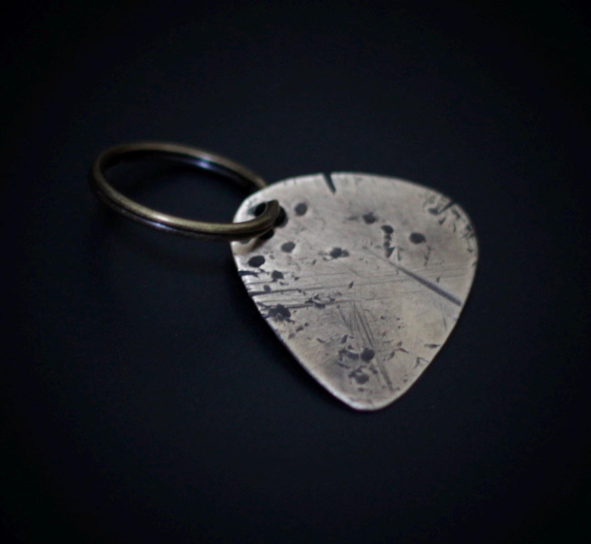 Custom Rustic Aged Brass Engraved Distressed Patina Guitar Pick Keychain