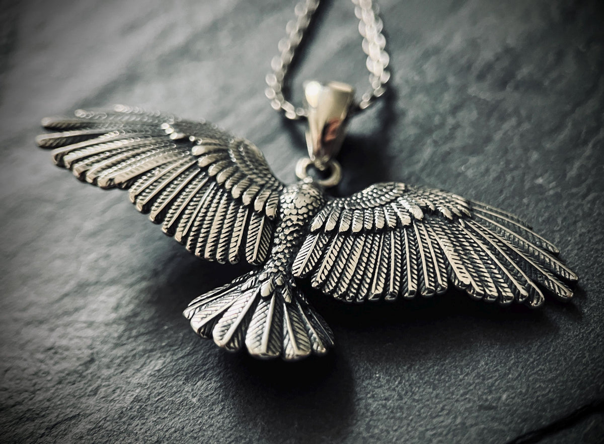 Oxidised Rustic Blackened 925 Solid Sterling Silver Crow Bird Pendant & Cable Chain Necklace