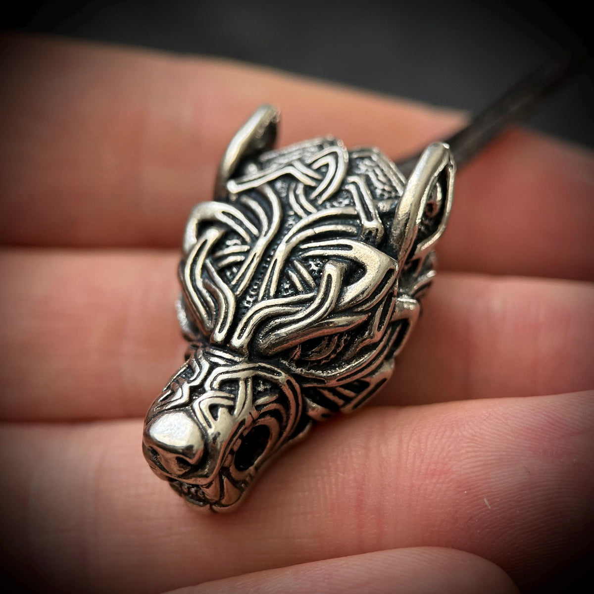 Rustic Silver Stainless Steel Celtic Wolf Pendant & Black Distressed Leather Cord Necklace