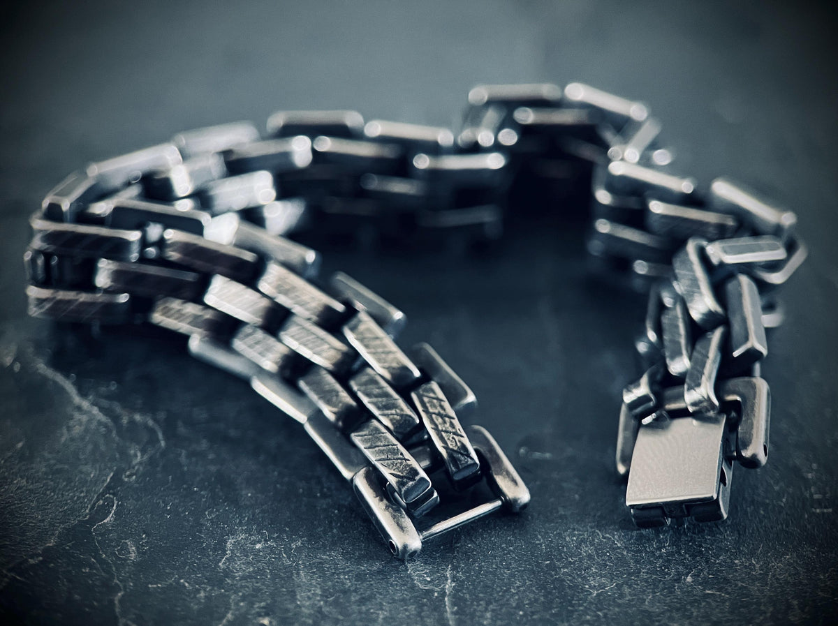 Brutalist Oxidised Stainless Steel Wide Thick Boxy Chunky Heavy Link Chain Bracelet - Mens