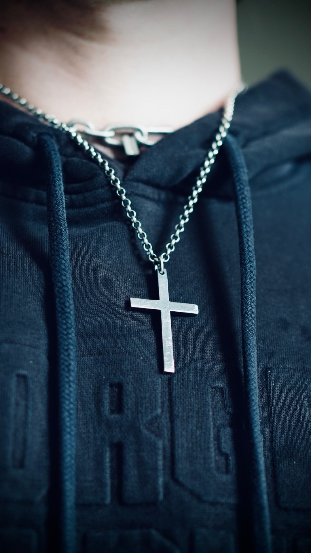 Rustic Oxidised Distressed 925 Sterling Silver Cross Pendant & 24" Rolo Chain Necklace